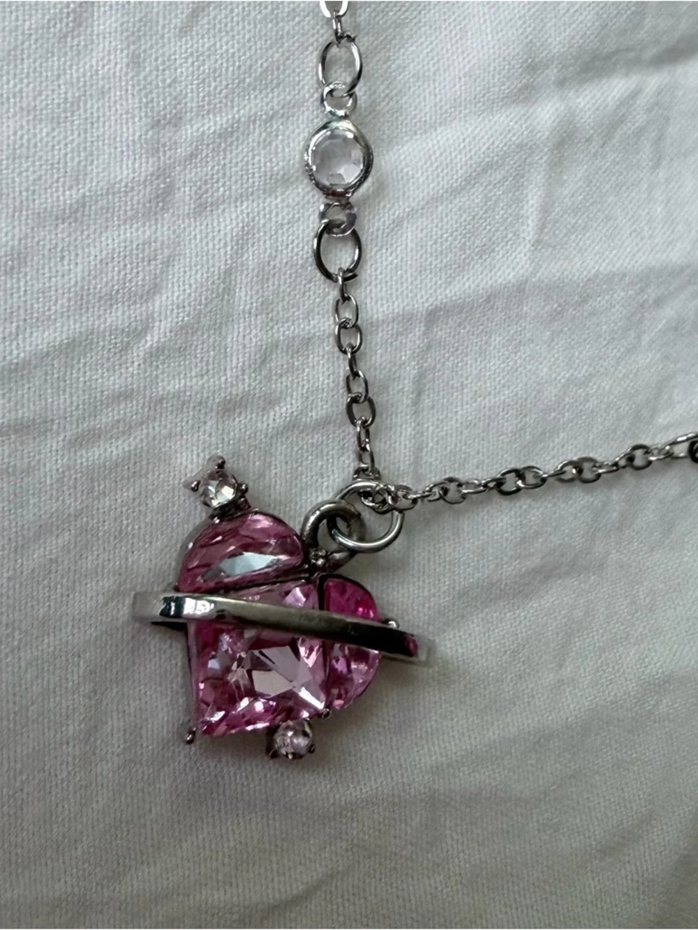 Brand New Y2K Magic Fantasy Silver Diamond Pink Heart Charm Pendant Necklace